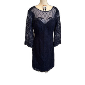 Women's  Blue Dress With See Through Top Area Beaded Zip Up With Button Accent